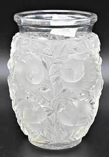 Lalique Bird Vase, having clear rim and frosted glass bird and vine decoration, block lettering Lalique France, (small chip), height 6.75 inches