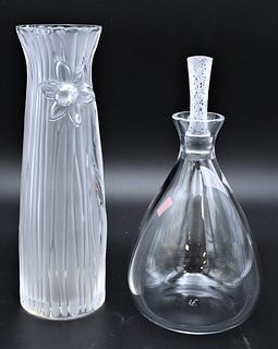 Two Lalique Pieces, to include frosted daffodil glass vase and a crystal decanter with frosted glass stopper, height 9.5 inches