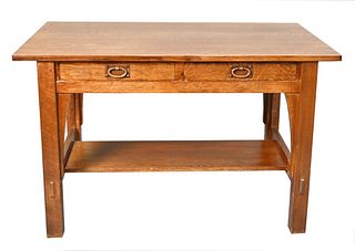 Attributed to Gustav Stickley Oak Writing Desk, Arts and Crafts, having rectangular top above apron and two drawers having copper pulls on square legs