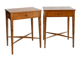 Pair of Tiger Maple One Drawer Night Stands, having banded inlaid top and drawer fronts, with X stretcher base on square tapered legs, height 27.5 inc