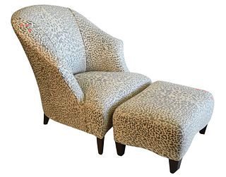 Donghia John Hutton Design Gray and Cream Leopard Print Upholstered Easy Chair and Ottoman, seat height 16 inches, height to top of back 34 inches, ot
