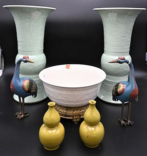 Group of Assorted Chinese Items, to include Chinese crackle glaze bowl on bronze base, pair of celedon sleeve form vases, pair of small double gourde 