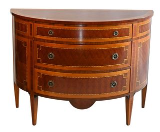 Decorative Crafts Inlaid Demilune Three Drawer Server, height 34 inches, top 18" x 46".