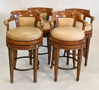 Set of Four Swivel Bar Stools, with cat head hand rests and leather seats and backs, seat height 31 inches.