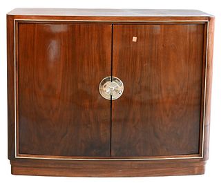 Dominique Paris French Two Door Art Deco Cabinet, having Dominique Paris brand on back, height 29 3/4 inches, top 17 1/2" x 38".