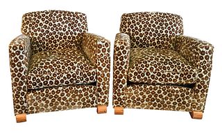 Pair of Custom Brown Floral Upholstered Easy Chairs, seat height 16 inches, height to top of back 26 inches.