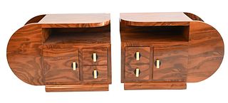 Pair of Art Deco Side Tables, with shaped tops over one door and two drawers each, height 20 inches, top 19.5 inches
