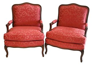 Pair of Pearson Louis XV Style Open Armchairs, having rose color upholstery.