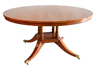 Elmwood Round Single Pedestal Dining Table, height 30 inches, diameter 60 inches, opens to 60" x 102", with two 21 inch leaves.