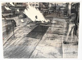 Robert Birmelin (American, 1933-2003), Burning on Seventh Avenue, charcoal on paper, signed center left R. Birmelin, titled lower right, sheet size 22