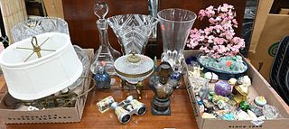 Group of Assorted Small Items and Glass to include glass sweetmeat dish with cherub footed base, boudoir lamp, crystal decanter, crystal vase, hardsto