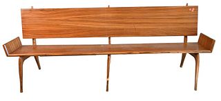 Clara Circassian Walnut Mid Century Bench, Ico Parisi Style, width 80 inches, height 30 inches.