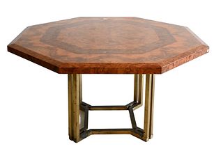 Guy Lefevre for Maison Jansen Dining Table, having burled veneer book matched in a geometric concentric pattern set on brass base, height 28.5 inches,