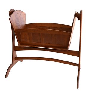 Contemporary Bench Made Cherry Cradle, height 43 inches, length 46 inches; along with a vintage Van Hentley childs toy in the form of a bee, signed on