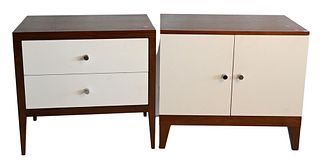 Two Contemporary Side Stands, one having two drawers with white fronts along with a two door cabinet, height 26 inches, width 28 inches.