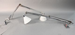 Pair of Luxo Chrome Wall Lamps, adjustable articulating bedside or desk style with white glass shades.