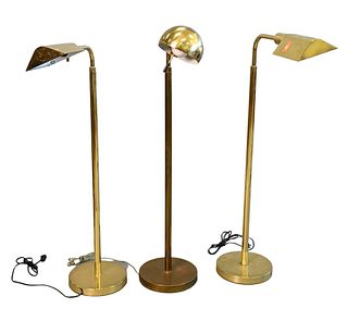 Three Brass Floor Lamps, to include pair of J. Mendizabal brass adjustable floor lamps, and a Hansen modern floor lamp, height 41 inches.
