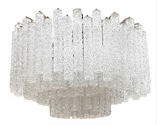 Murano Mid Century Modern Chandelier, attributed to Venini, five tier with glass prisms, height 21 inches, approx diameter 28 inches.