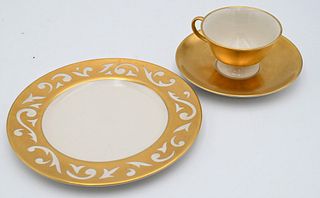 54 Piece Carole Stupell Porcelain Luncheon Set, to include 18 luncheon plates, 18 cups, 18 saucers, with heavy gilt gold design.