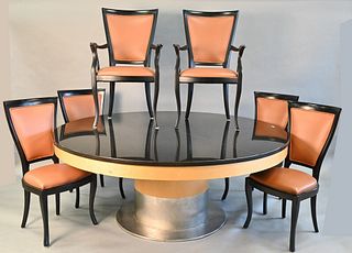 Eight Piece Custom Dining Set, with round granite top table on pedestal, six leather upholstered chairs, and sideboard with granite center, table heig