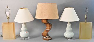 Five Contemporary Table Lamps, to include celadon triple gourd vases on lucite bases, height 24 inches; along with a pair of frosted amber art 