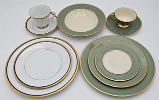 Two Porcelain Dinnerware Sets, Noritake Elysee, setting for 12 along with a flintridge set with green and gold.