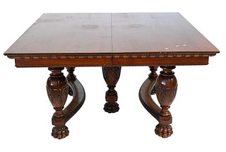 Victorian Mahogany Square Dining Table, having large paw feet and center leg, one leaf, height 30 inches, top 64" x 64".