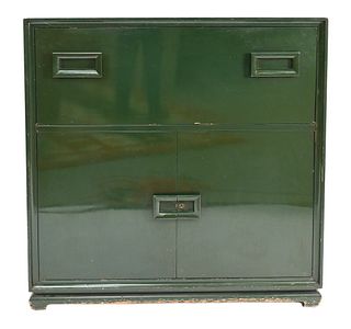Green Art Deco Bar Cabinet, having drop front over two doors, interior as is, height 50 inches, top 16" x 50".