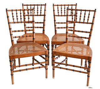 Five Piece Faux Bamboo Lot, to include set of four side chairs with caned seats along with floor lamp, height 61 inches.