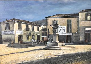 M. Giorgi, Town Square "Antica Trattoria", oil on canvas, signed lower right M. Giorgi, stamps on back of canvas, in ebonized and gilt frame, 20" x 27