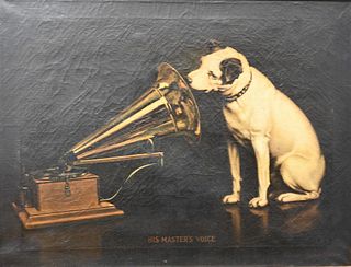 After Francis James Barraud (1856 - 1924), "His Master's Voice", 192, lithograph on canvas, printed signature, original first printed version of the o