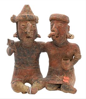 Pre Columbian Pottery Double Figure, two people sitting crossed legged, height 12 3/4 inches.