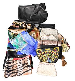 Group of Silk Scarves and Beaded Purses, along with a Coach leather purse.