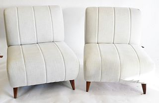 Pair of Deco Style Upholstered Slipper Chairs, height 28 inches, width 26 inches.