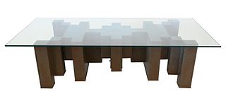 Paul Evan Style Coffee Table, having metal cityscape base with glass top, height 17 1/2 inches, top 31" x 71".