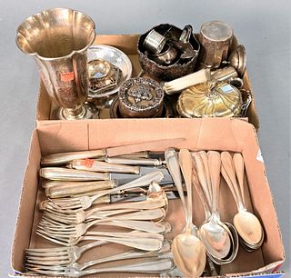 Two Tray Lots of Silver, to include vermeil covered sugar bowls, music plaque, etc., along with silver plated pieces and silver plated flatware, heigh