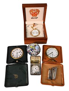 Seven Piece Lot, to include three travel clocks, two Tiffany, one Dunhill Lighter, one Georg Jensen lipstick and Tissot pocket watch and chain in orig