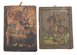Two Small Icons, one on tin, one on wood, 4 3/4" x 3 3/4"  and 4 1/2" x 3 1/2".