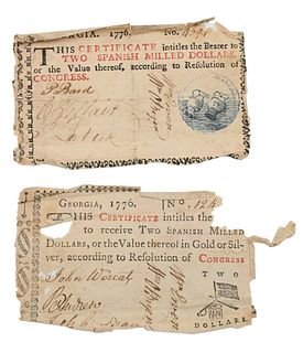 Two Georgia Colonial Paper Currency Notes or Banknotes, 1776, marked "This certificate entitles the bearer to two Spanish milled dollars or the value 