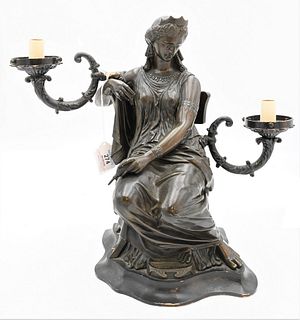 Figural Bronze Lamp, modeled as seated Cleopatra, having two lights, height 13 3/4 inches.