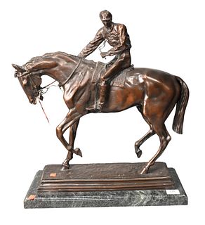 After Isidore Bonheur Bronze, horse and jockey sculpture on granite base, total height 22 1/2, length 20 inches.