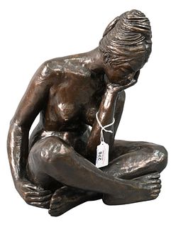 Ruth Chrzan Cook Nude, female sitting cross legged thinking, initialed and signed on the side, height 13 inches.