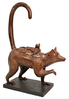 Large Bronze Sculpture, Lemur carrying its young on her back, Metropolitan Galleries copy, height 60 inches, length 44 inches, width 17 1/2 inches.