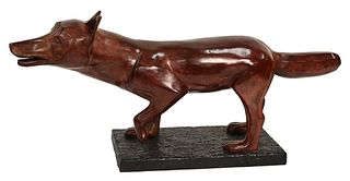 Large Bronze Sculpture, fox in stalking pose with one foot up, Metropolitan Galleries copy, height 22 inches, length 48 inches, width 13 inches.
