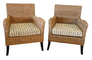 Four Piece Contemporary Woven Group, to include a pair of armchairs, coffee tray top table, and a bench, height 17.5 inches, top 39" x 45".