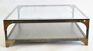 Square Industrial Metal Coffee Table, with glass top, height 14.5 inches, top 42" x 42".