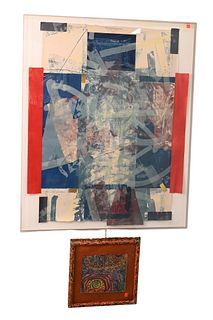 Three Framed Pieces, attributed to Clayton Patterson, abstract, mixed media on paper; Elaine Berger, colored engraving; and a colored lithograph, penc
