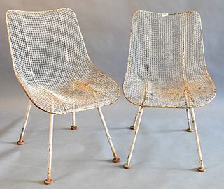 Pair of Russell Woodard Sculptura White Wire Mesh Chairs, rough condition. 