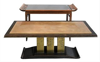 Two Modern Coffee Tables, one in the Classical style of James Mont, unsigned, height 15 inches, top 18" x 40"; along with a walnut table, height 20 in
