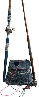 Christian Holstad, Fishing Basket, 2008, antique fishing rod and reel, vintage steel stringer, leather case, vintage basket parts, plastic, nylon, dyn
